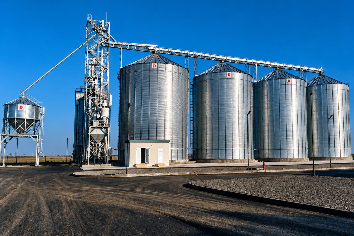 Flat-bottom storage silos — Elevator tower and cleaning plant