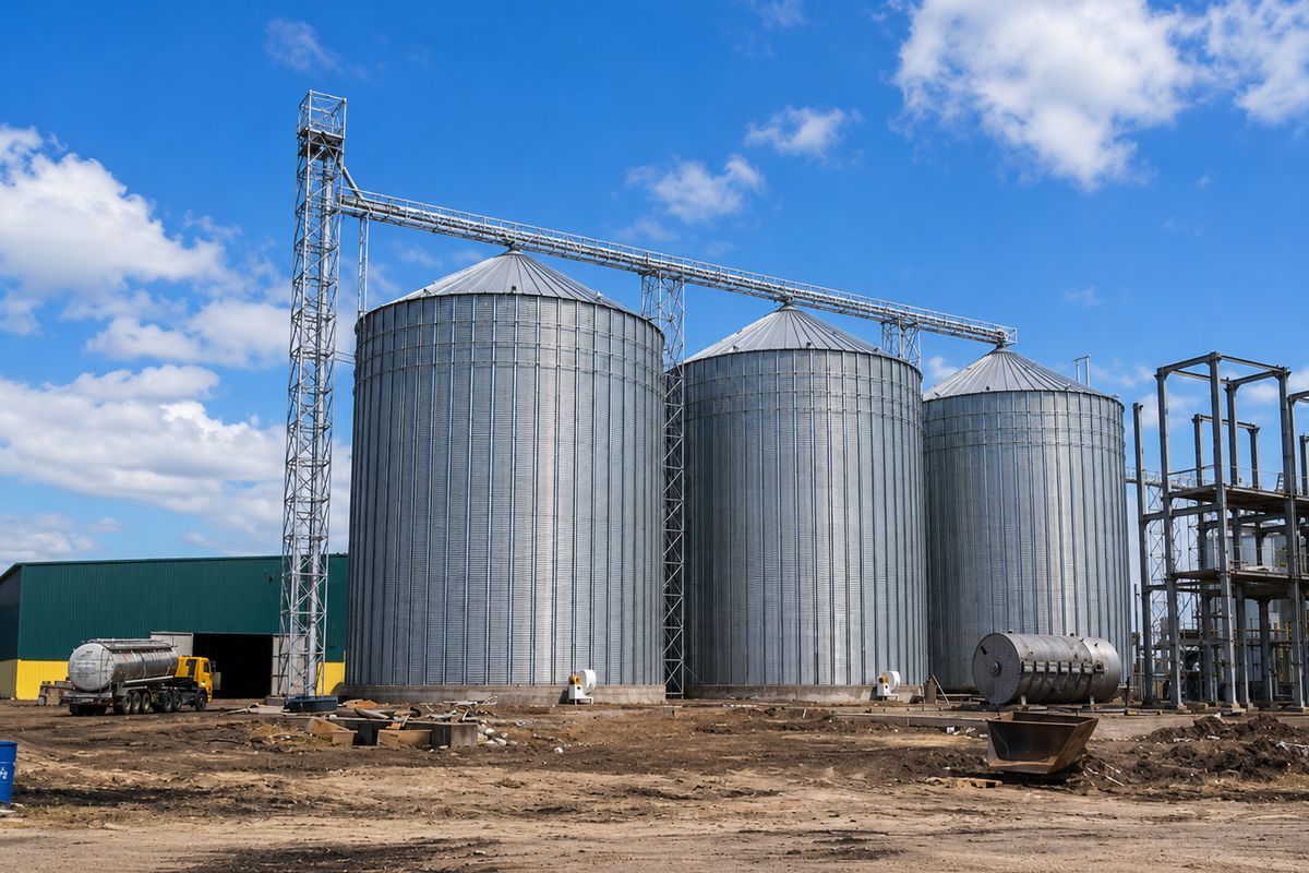 Three-cell silo installation — Intake gallery and process building