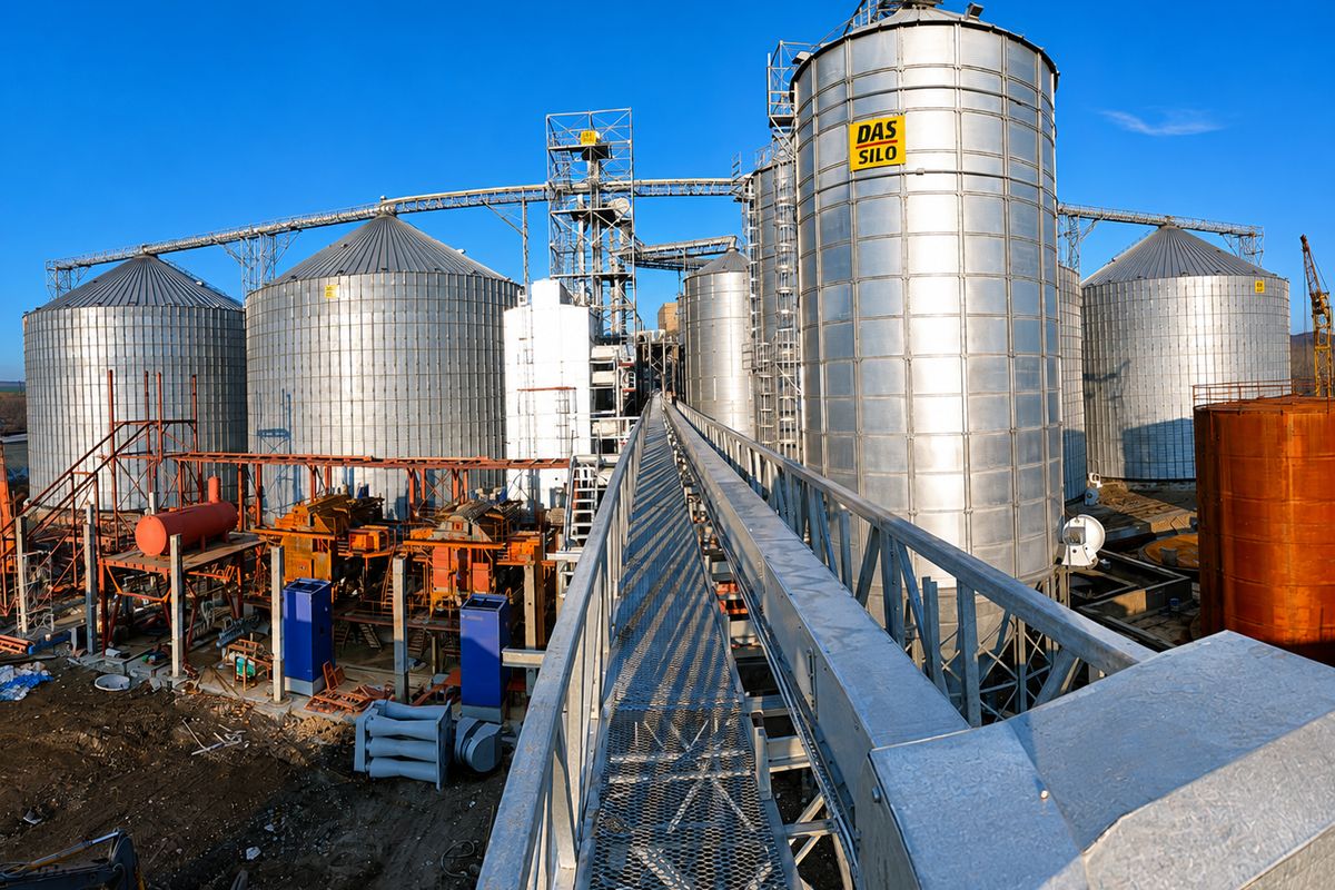 Silo complex with conveyor gallery — Chain conveyor bridge between cells