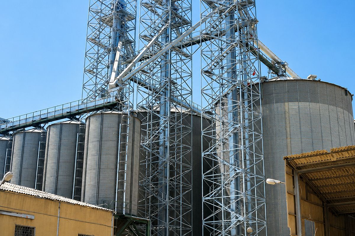 Elevator towers and handling — Three towers serving a silo bank