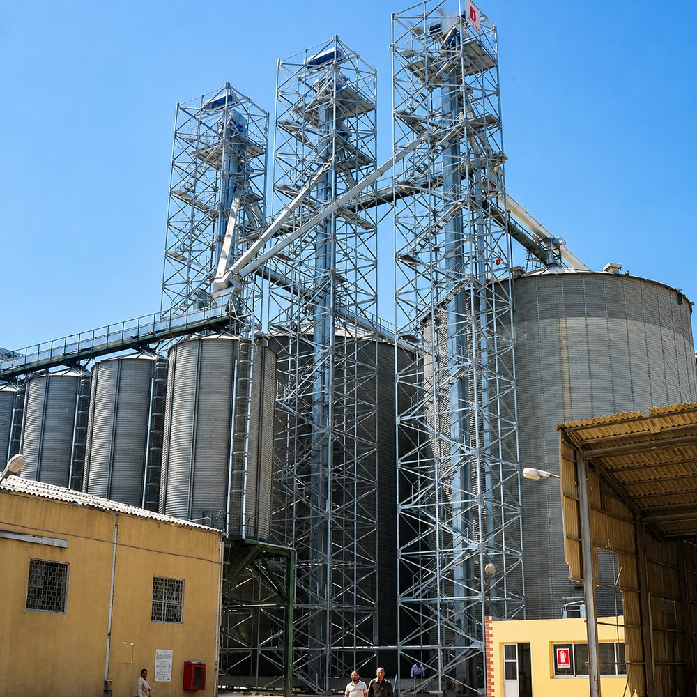Three elevator towers serving a bank of grain storage silos