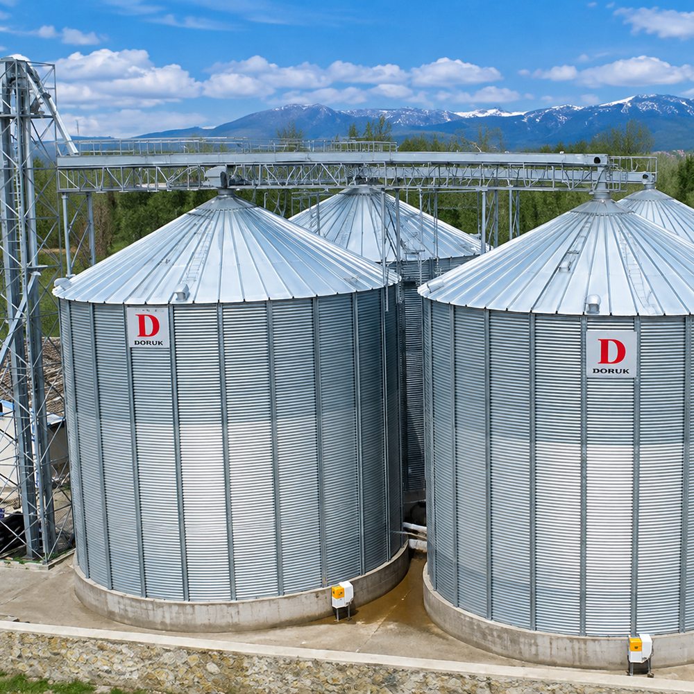 Flat-bottom grain silos with overhead conveyor gallery and elevator tower