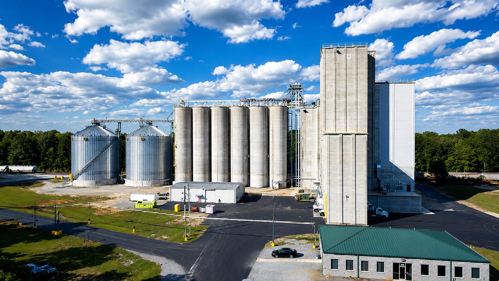 Flour mill and grain storage complex — concrete silo battery, steel farm silos and mill tower