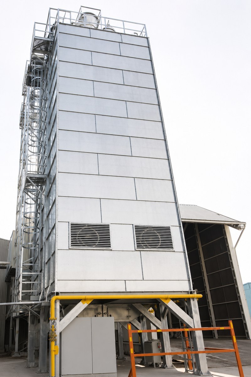 Continuous-flow grain dryer tower beside a storage silo