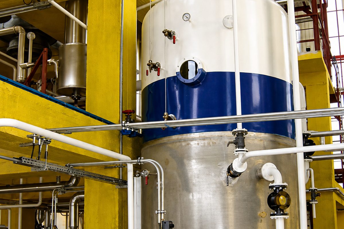 Oil and fat processing plant — refining vessel with process pipework