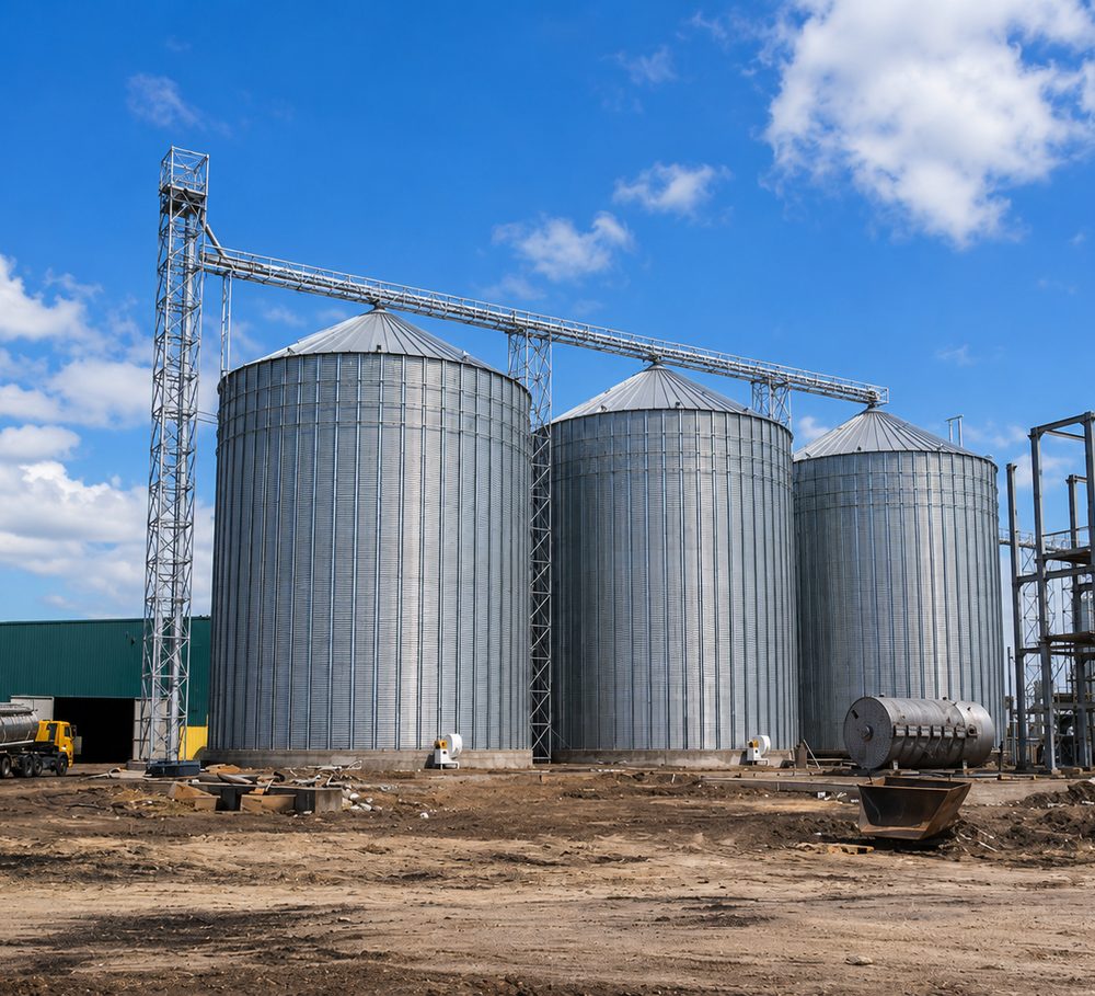 Three flat-bottom galvanised steel silos with elevator tower and overhead conveyor